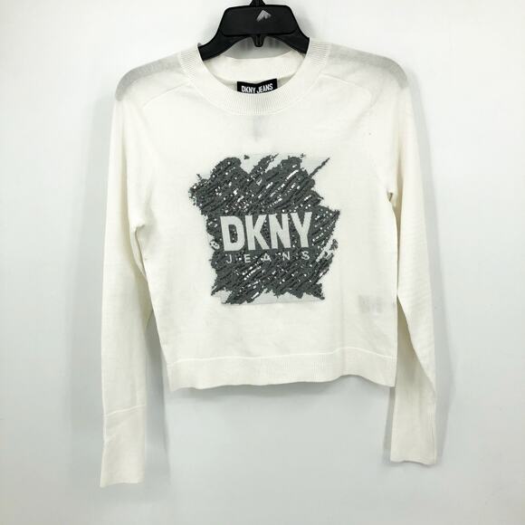 DKNY JEANS Women's Crewneck Sweater XXS Ivory White Sequin Logo Cotton Blend NWT - Picture 4 of 13